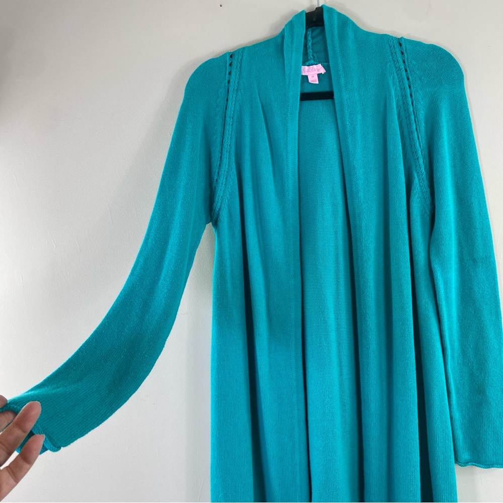 Lilly‎ Pulitzer Women’s Turquoise Fringe Open Front Longline Cardigan Sz M - Picture 3 of 13